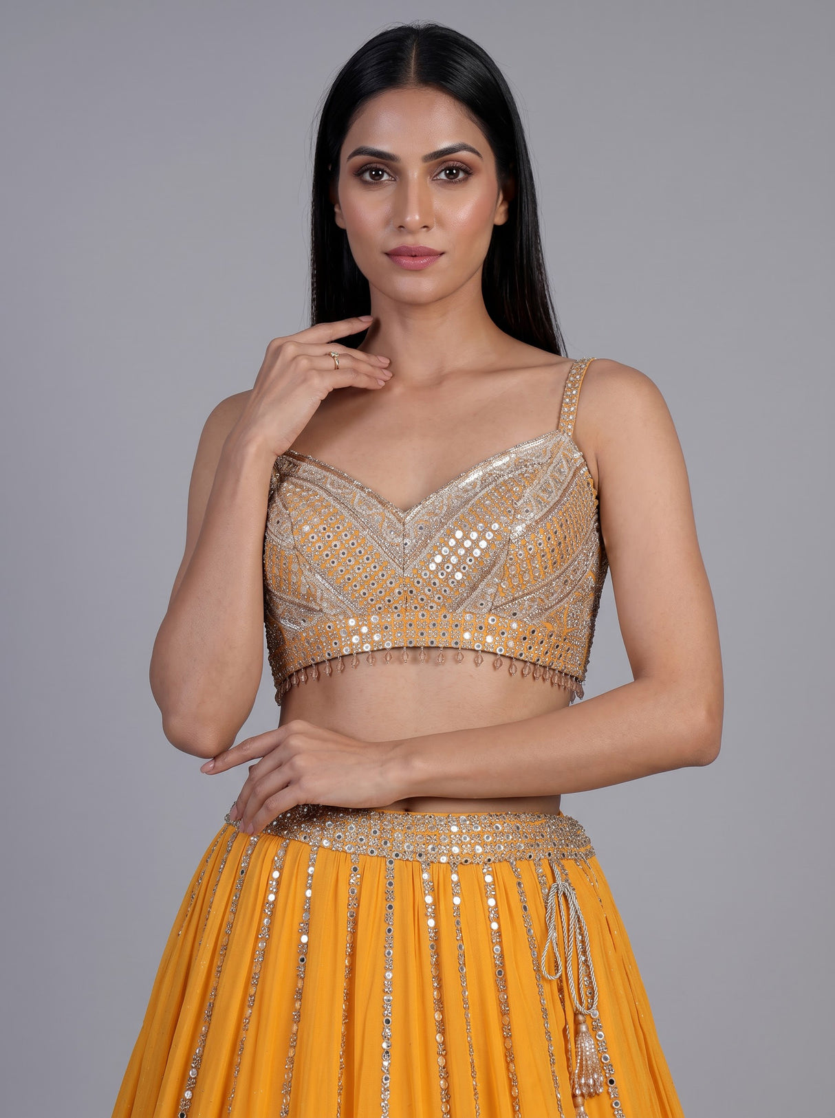 Mustard yellow georgette embellished lehenga choli with dupatta