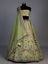 Pista green raw silk unstitched lehenga choli for wedding