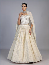 Beige chiffon silk lehenga choli with refined resham embellishments