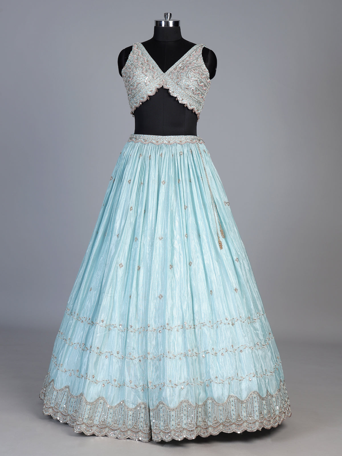 Sky blue tissue silk lehenga choli with exquisite embellished detailing