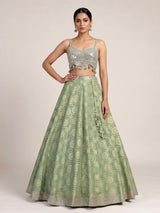 Pista green brocade silk lehenga choli with bandhani designer charm