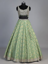Pista green brocade silk lehenga choli with bandhani designer charm