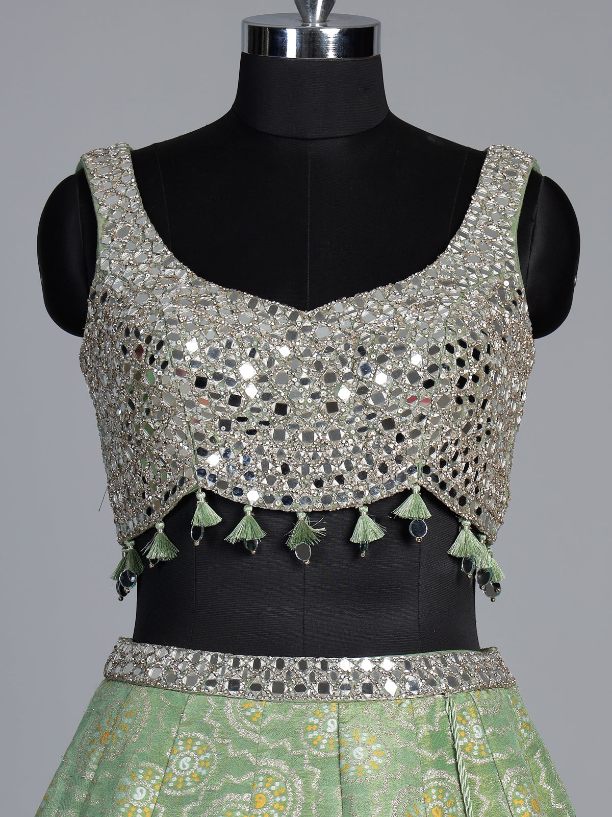 Pista green brocade silk lehenga choli with bandhani designer charm