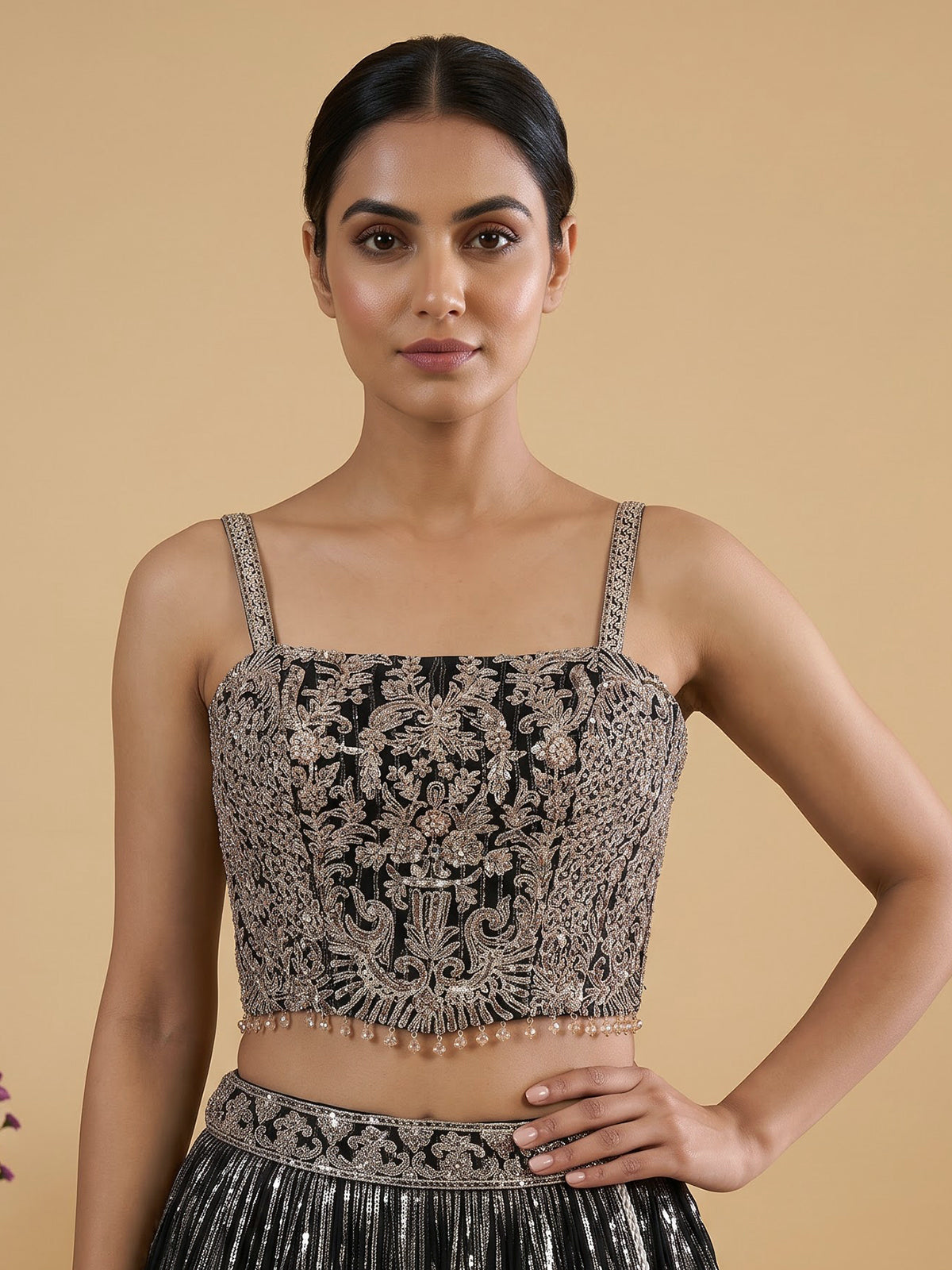 Black georgette designer lehenga with mirror and stone work