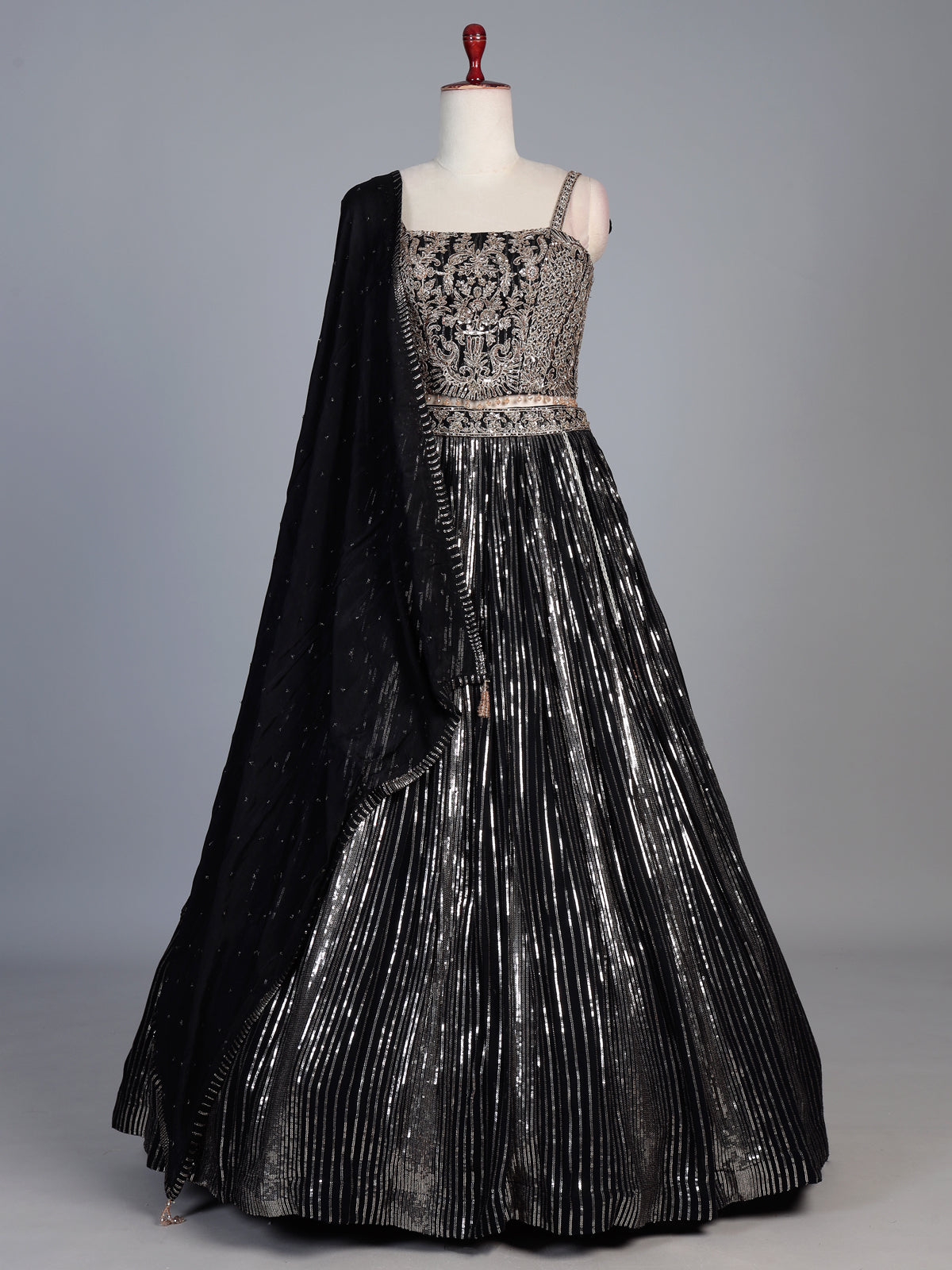 Black georgette designer lehenga with mirror and stone work