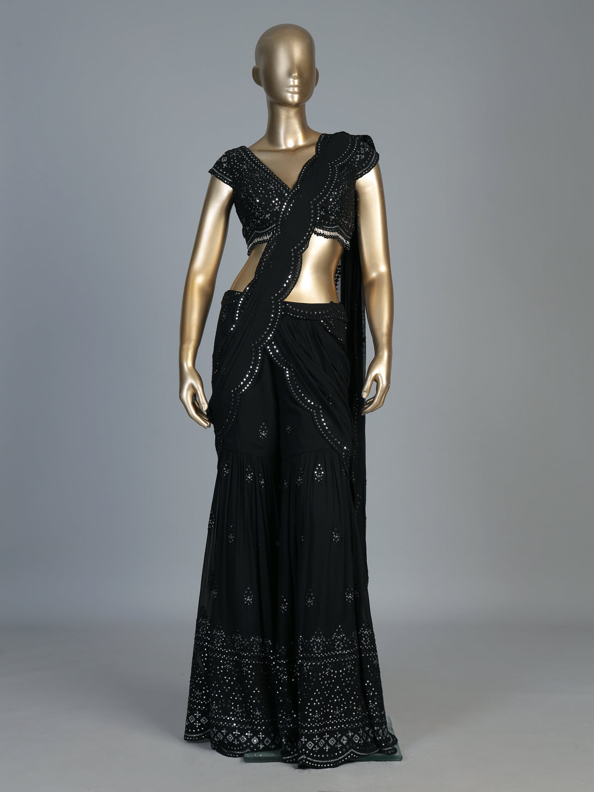 Black aabla embellished georgette ready to wear saree