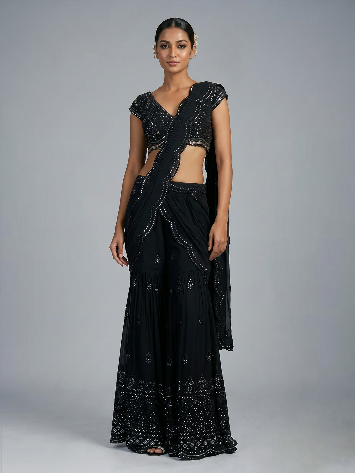 Black aabla embellished georgette ready to wear saree