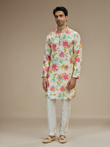 Cream men watercolor floral kurta pajama