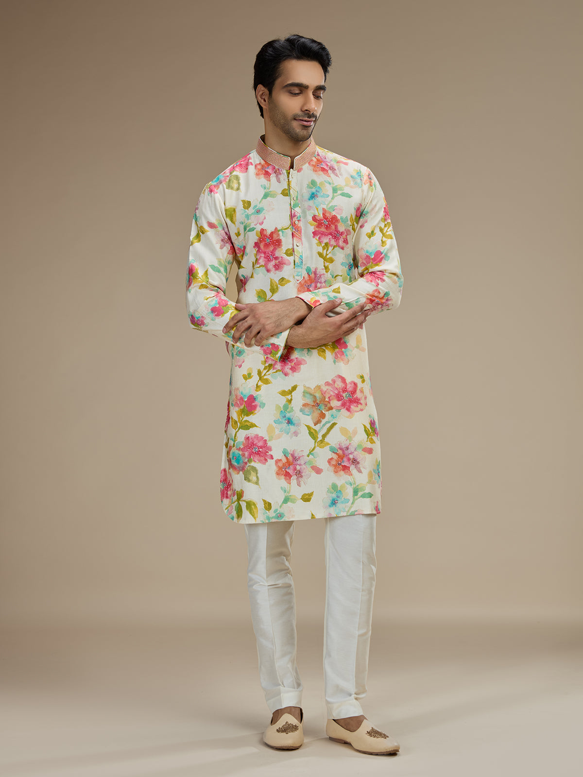 Cream men watercolor floral kurta pajama