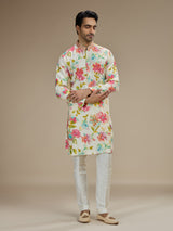 Cream men watercolor floral kurta pajama