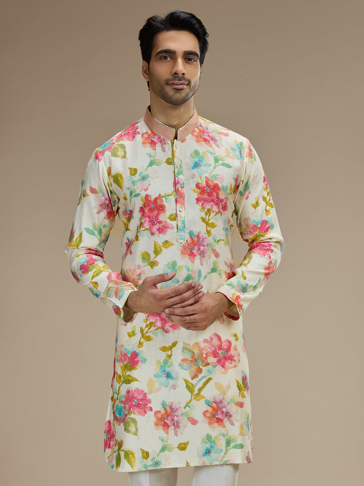 Cream men watercolor floral kurta pajama
