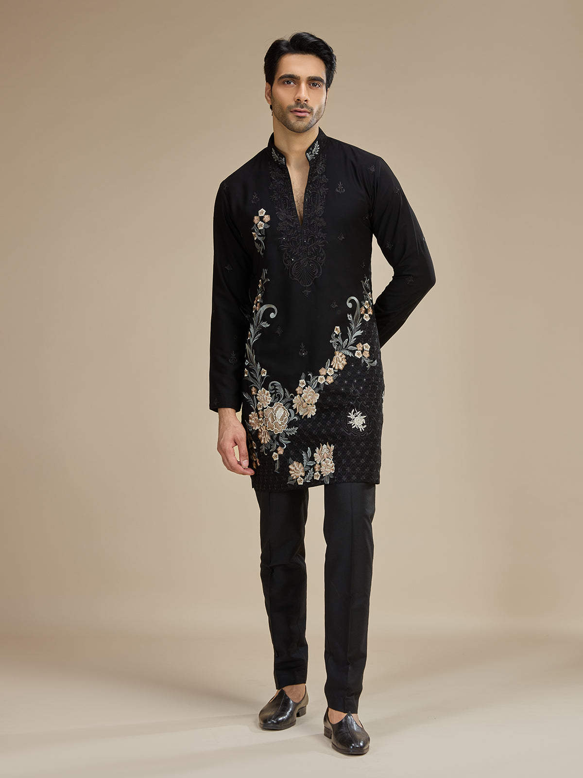 Black men asymmetric floral embroidered kurta suit
