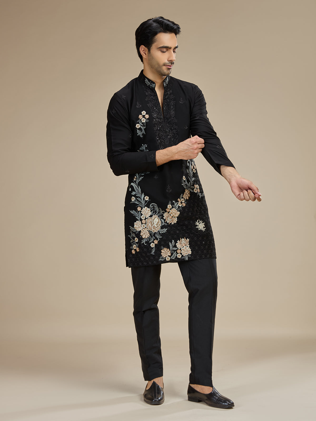 Black men asymmetric floral embroidered kurta suit