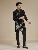 Black men asymmetric floral embroidered kurta suit