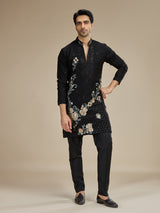 Black men asymmetric floral embroidered kurta suit
