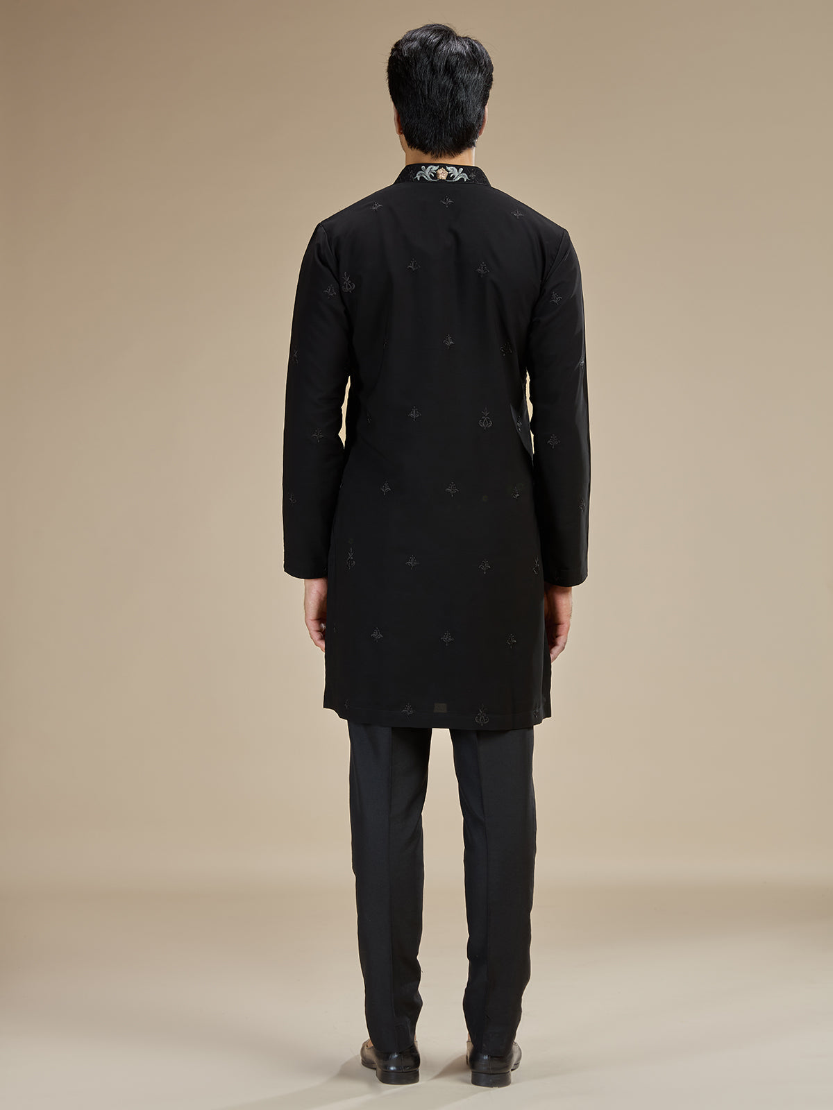 Black men asymmetric floral embroidered kurta suit