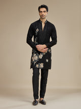 Black men asymmetric floral embroidered kurta suit