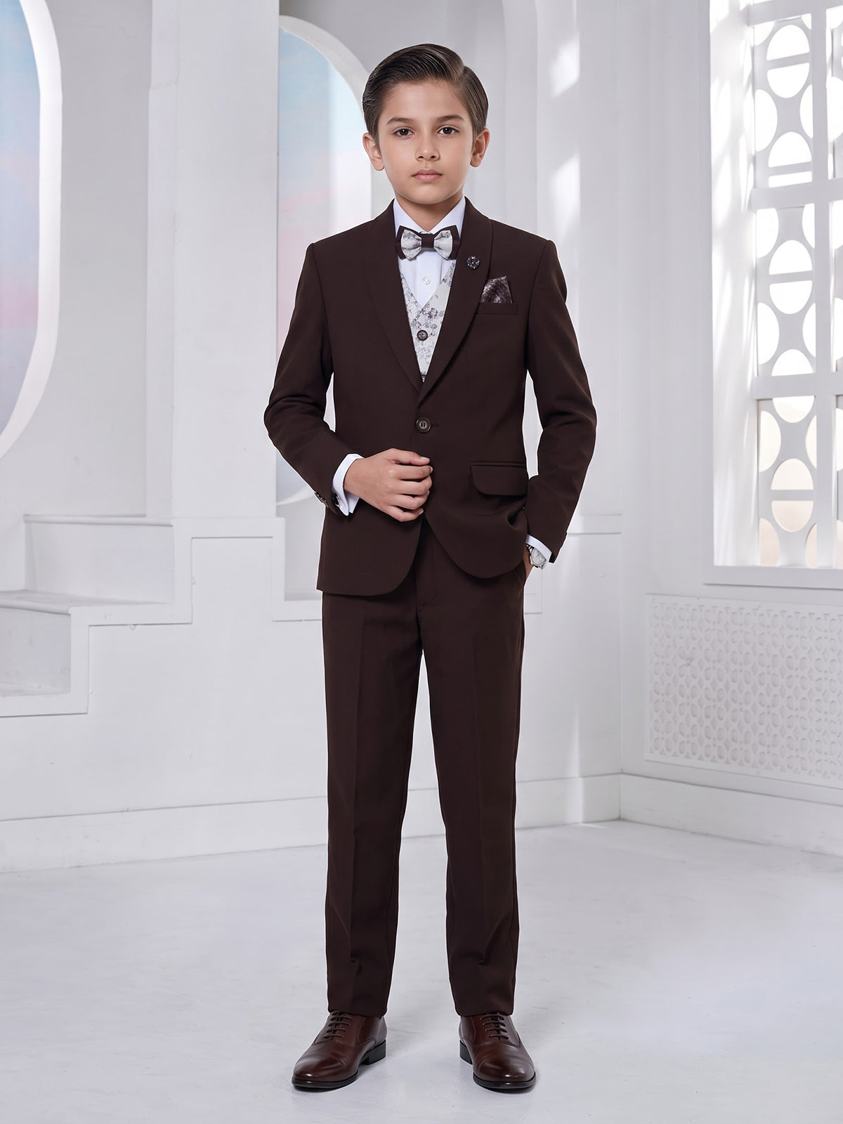 Brown solid one-button terry rayon shawl lapel coat suit