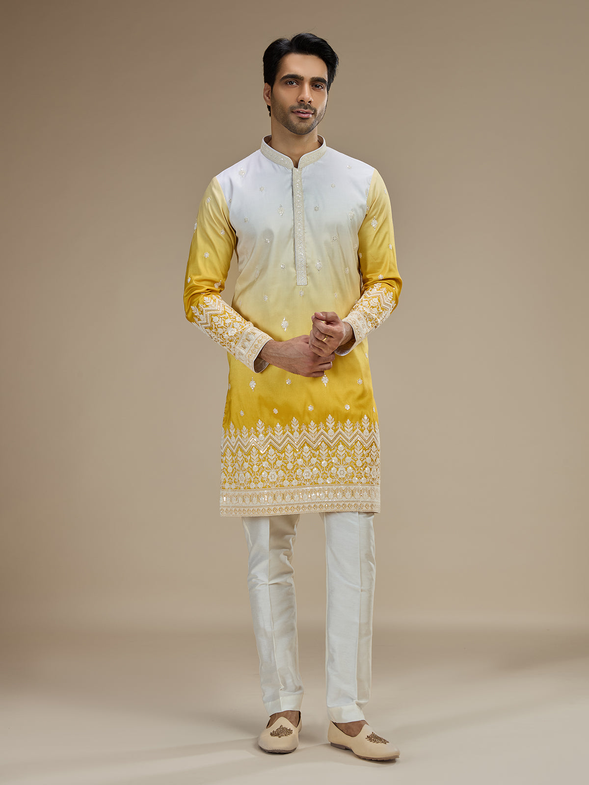 Yellow men ombre tussar kurta pajama