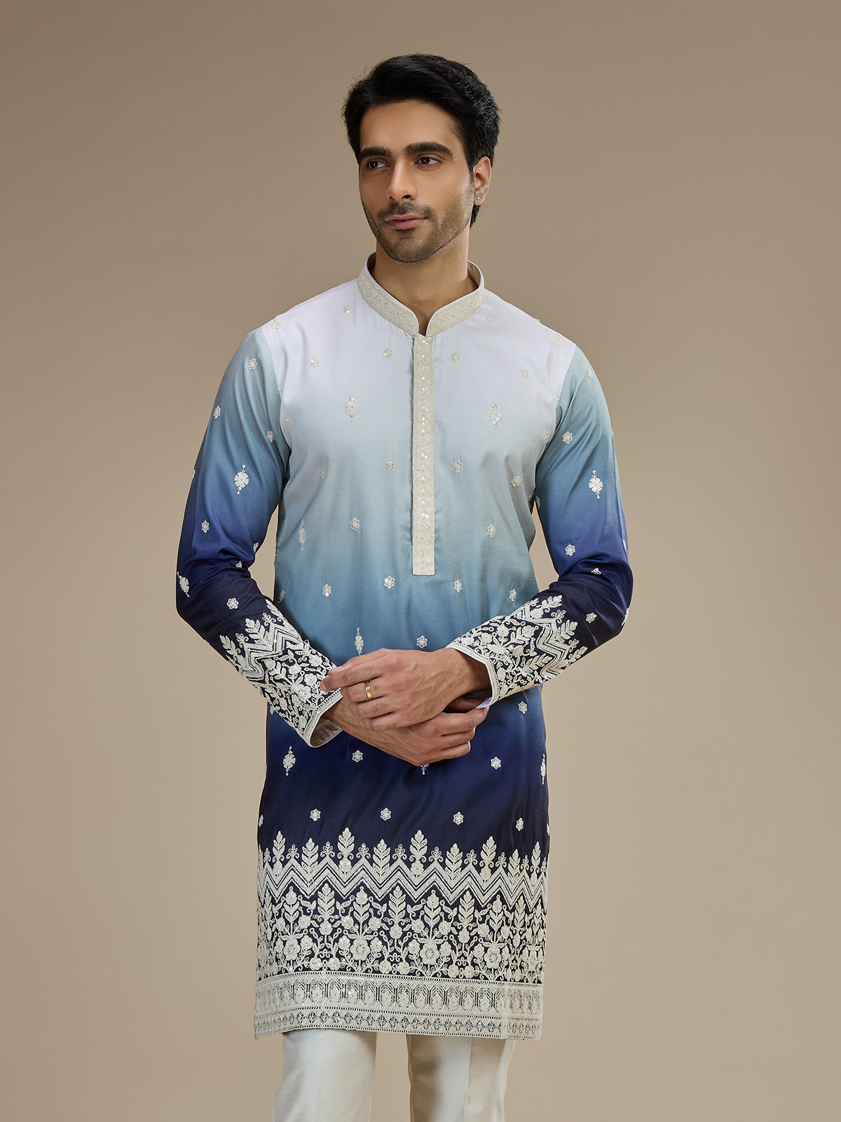 Ice blue men ombre tussar embroidered kurta suit