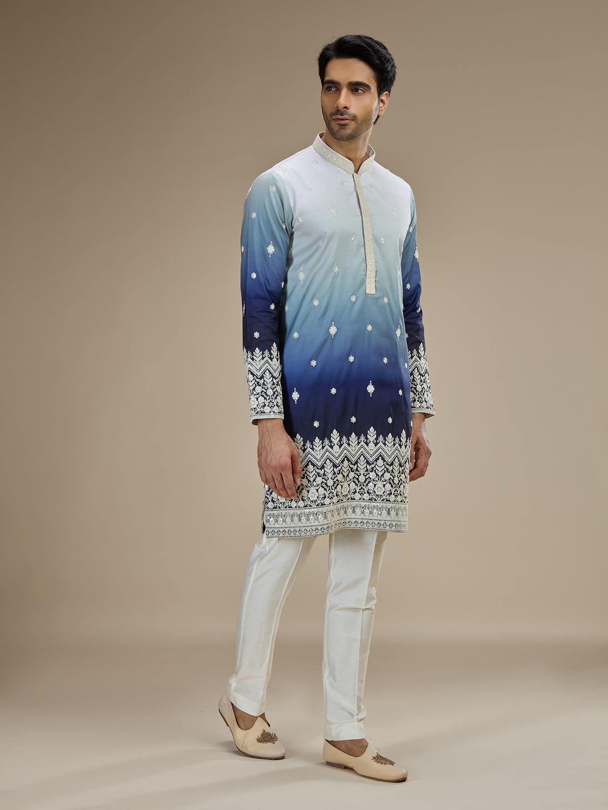 Ice blue men ombre tussar embroidered kurta suit