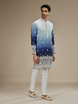 Ice blue men ombre tussar embroidered kurta suit