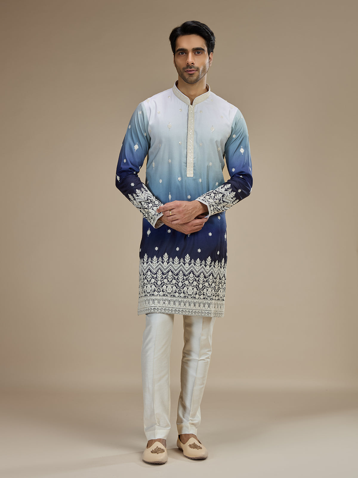 Ice blue men ombre tussar embroidered kurta suit