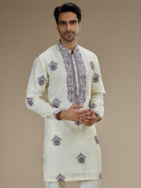 Cream men purple baroque embroidered kurta pajama