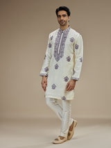 Cream men purple baroque embroidered kurta pajama