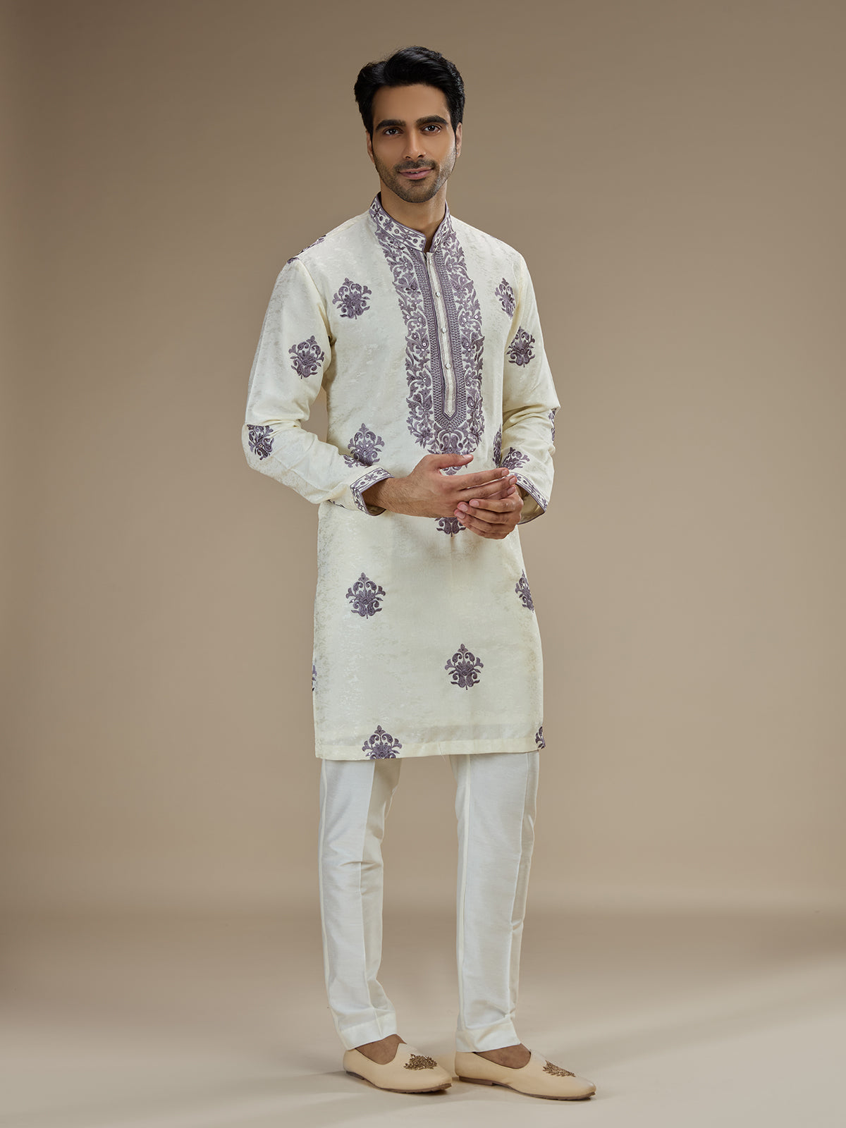 Cream men purple baroque embroidered kurta pajama