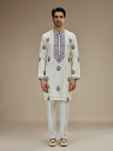 Cream men purple baroque embroidered kurta pajama