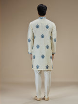 Cream men blue baroque floral kurta suit