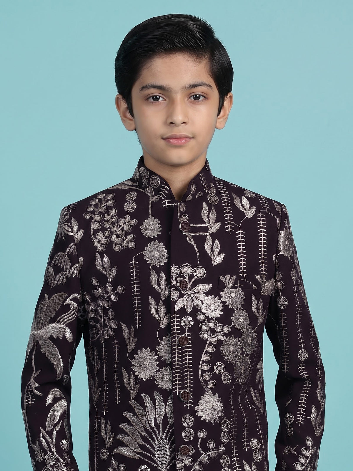 Wine terry rayon indowestern set with floral sequin elegance