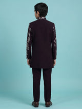 Wine terry rayon indowestern set with floral sequin elegance