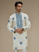 Cream men blue baroque floral kurta suit