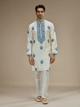 Cream men blue baroque floral kurta suit