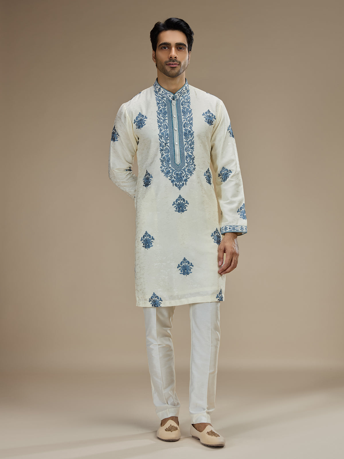 Cream men blue baroque floral kurta suit