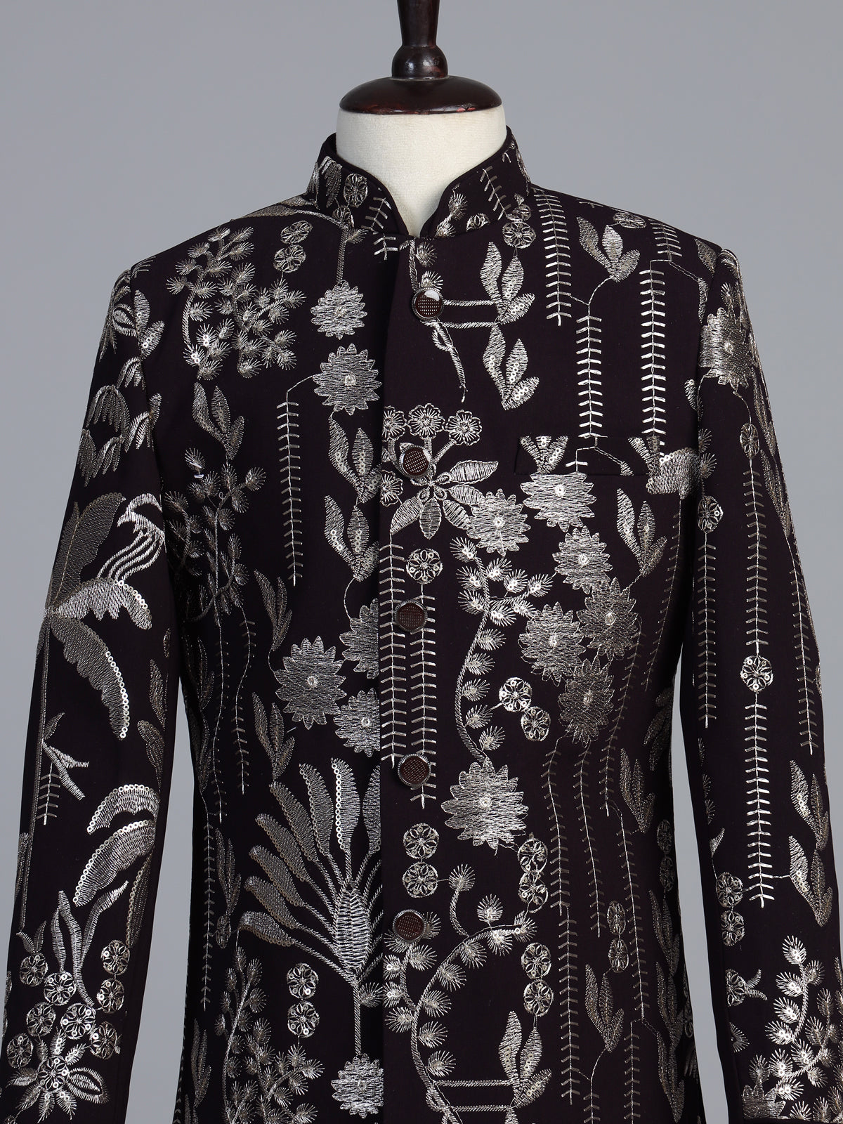 Wine terry rayon indowestern set with floral sequin elegance