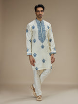 Cream men blue baroque floral kurta suit