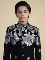 Black terry rayon indowestern set with floral embroidery