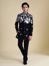 Black terry rayon indowestern set with floral embroidery