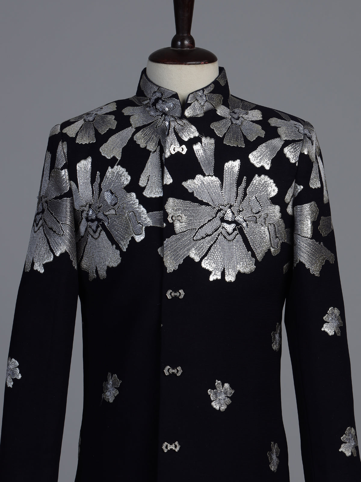 Black terry rayon indowestern set with floral embroidery