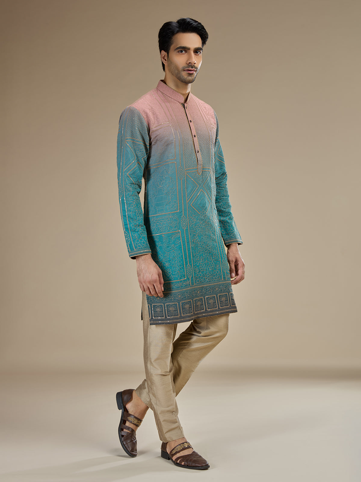 Blue men shaded chanderi embroidered kurta pajama