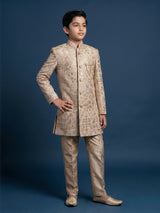 Beige silk blend indowestern set with embroidered brooch detailing
