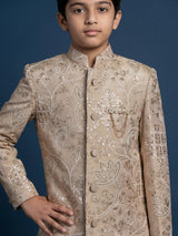 Beige silk blend indowestern set with embroidered brooch detailing