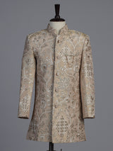 Beige silk blend indowestern set with embroidered brooch detailing