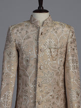 Beige silk blend indowestern set with embroidered brooch detailing