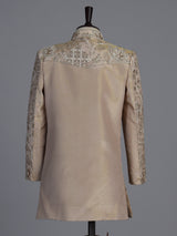 Beige silk blend indowestern set with embroidered brooch detailing