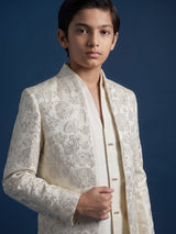 White silk blend indowestern set with refined sequins