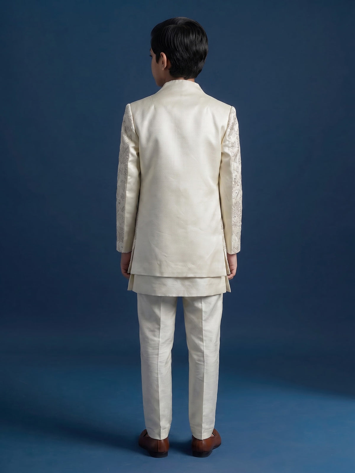 White silk blend indowestern set with refined sequins